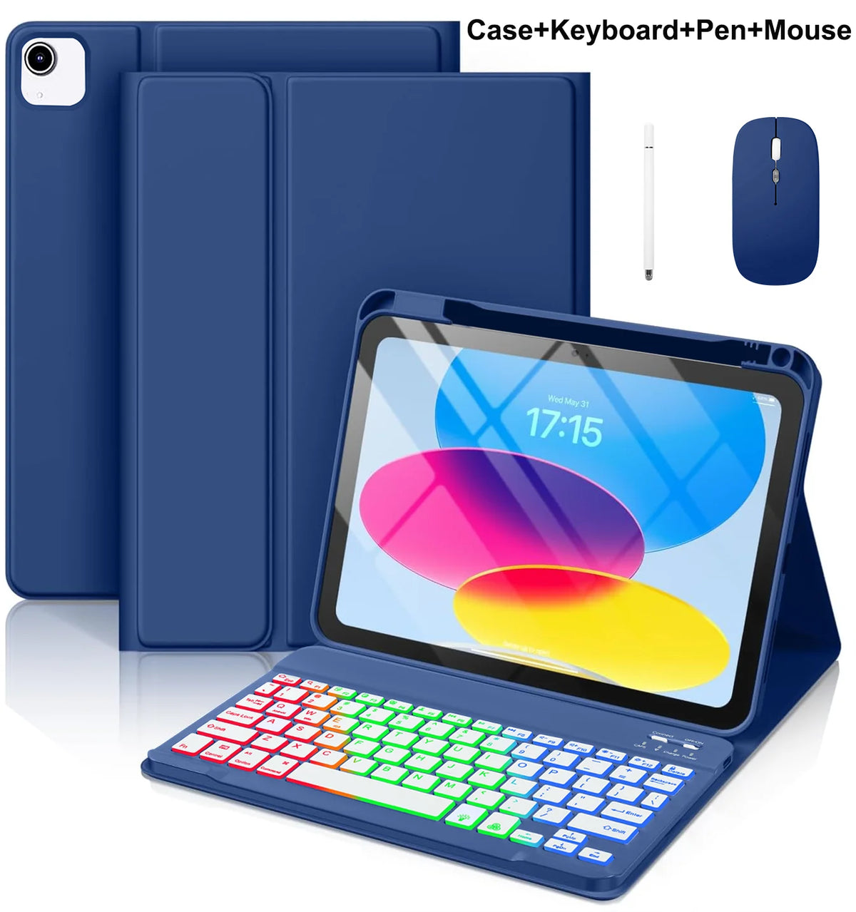 A blue multi-angle keyboard case for an iPad, shown with a separate keyboard, pen, and mouse.