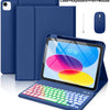 A blue multi-angle keyboard case for an iPad, shown with a separate keyboard, pen, and mouse.