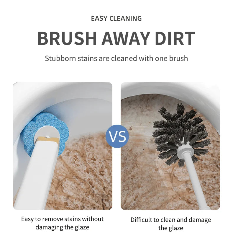 A disposable toilet brush is shown cleaning a stain on a ceramic surface, demonstrating easy cleaning without damaging the gl
