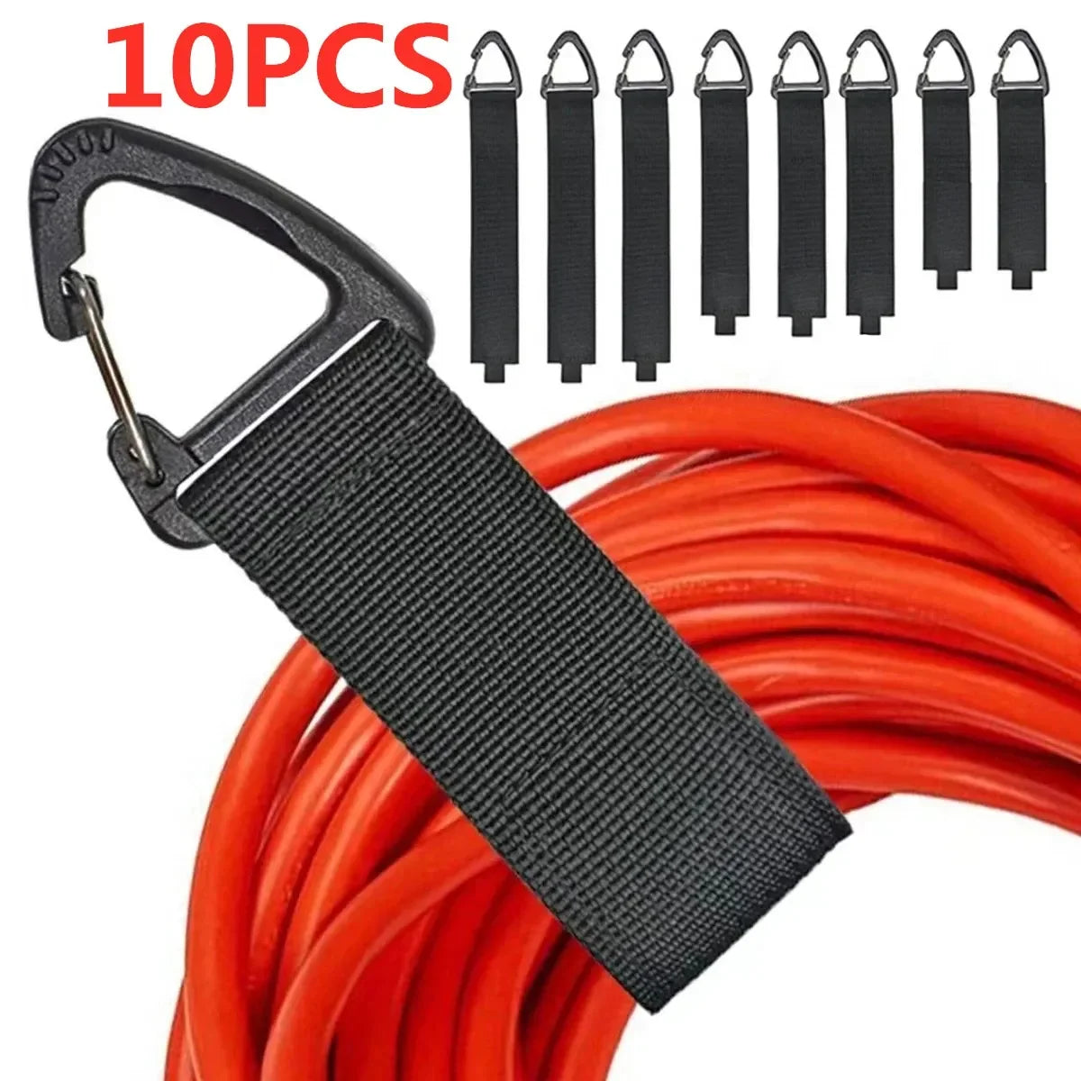 A black nylon cord organizer strap with a triangle buckle is shown next to a bundle of red electrical wire.