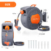 A gray wall-mounted retractable garden hose reel with an orange nozzle and hose, showing various sizes and components.