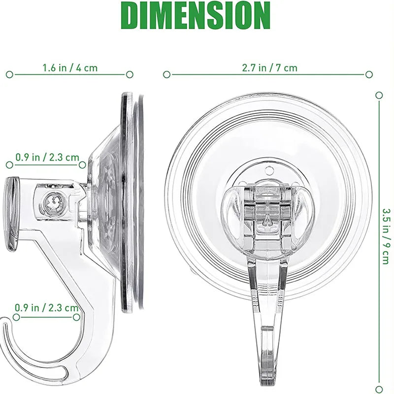 Transparent suction cup hooks showing dimensions for heavy-duty hooks.