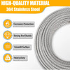 A close-up view of thick, silver 304 stainless steel wire rope coiled in a circular shape.