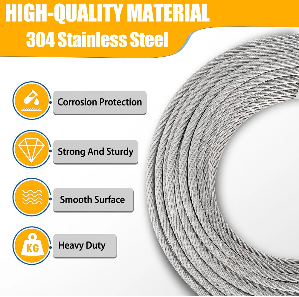 A close-up view of thick, silver 304 stainless steel wire rope coiled in a circular shape.