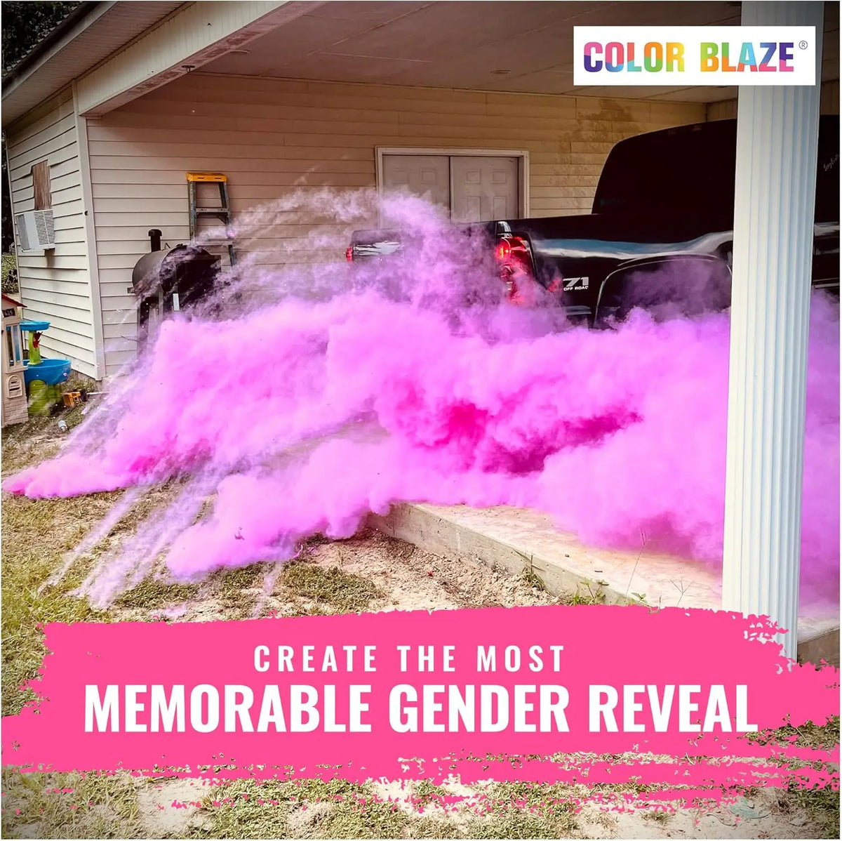 Pink colored powder is being sprayed outdoors creating a large cloud in front of a black car.
