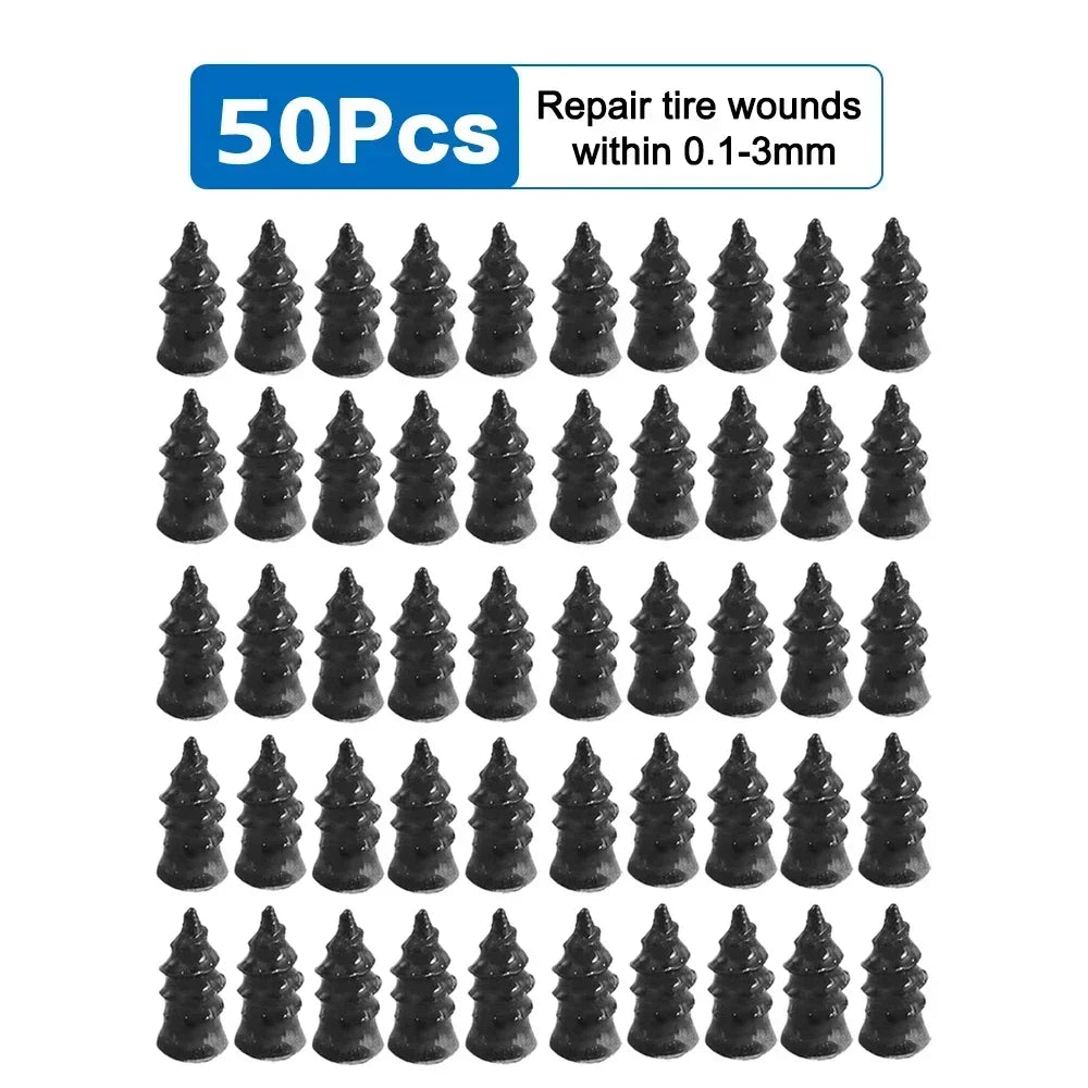 A set of 50 repair tire wounds nails, small black metal pins used for tire repairs.