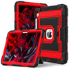 A red and black dual-color protective case for iPads is shown, with one tablet visible inside the open case.
