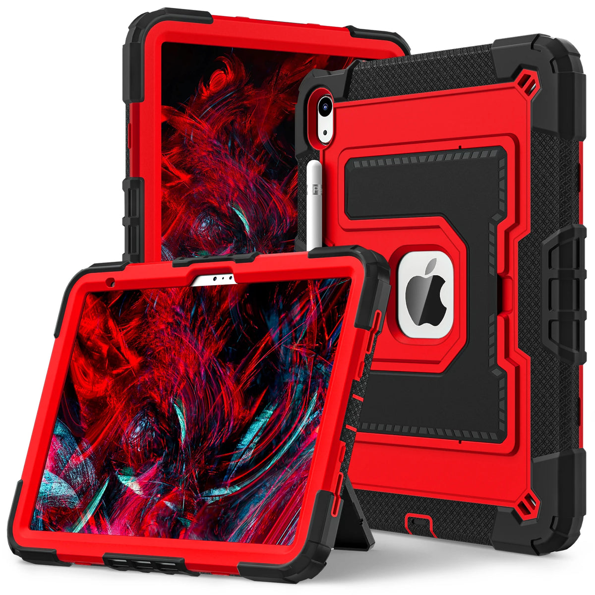 A red and black dual-color protective case for iPads is shown, with one tablet visible inside the open case.