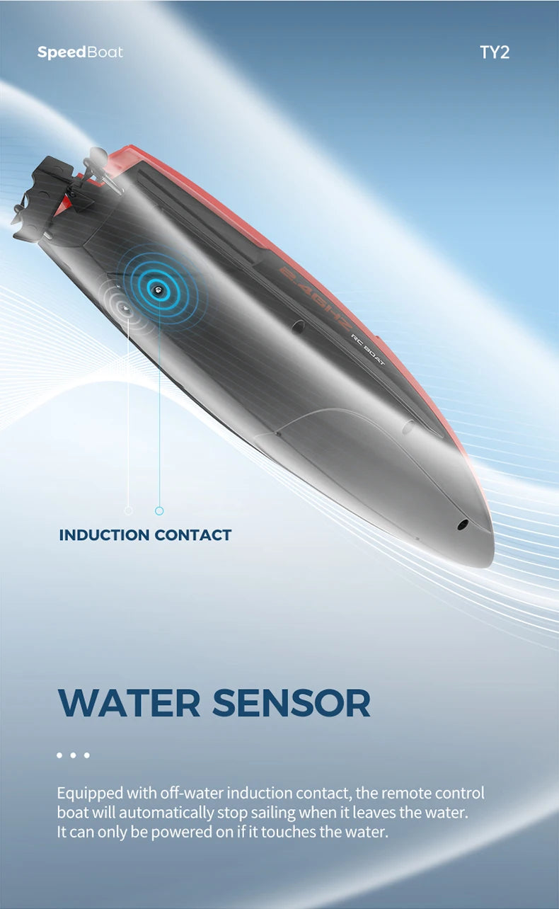 A black and red SpeedBoat is shown in flight, demonstrating induction contact and a water sensor feature.