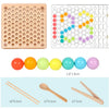 Montessori wooden bead maze puzzle set including a wooden board, colored beads, and wooden spoons.
