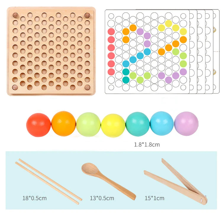 Montessori wooden bead maze puzzle set including a wooden board, colored beads, and wooden spoons.