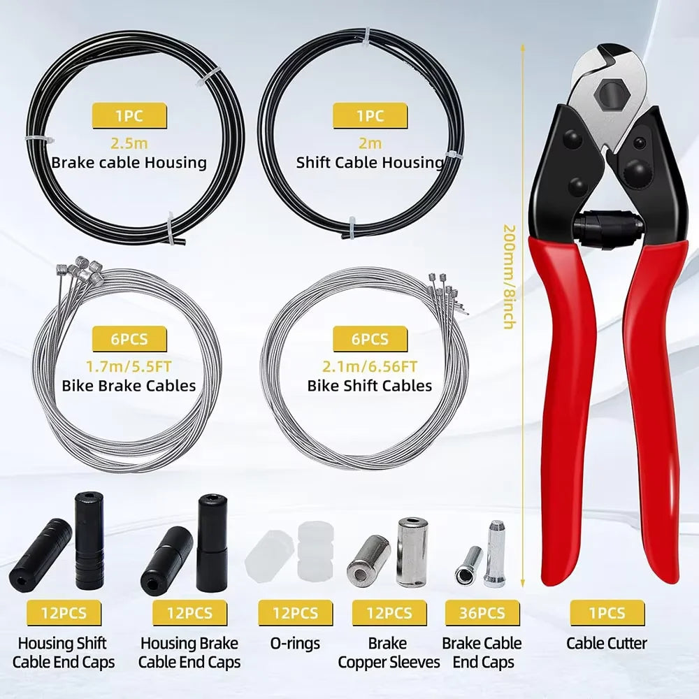 A kit of bicycle brake and shift cables, housings, end caps, and a wire cutter for replacement.