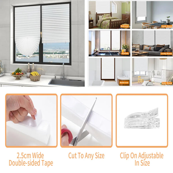 Cordless pleated paper window blind with easy stick-on installation and double-sided tape for fit