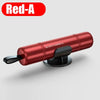 A red safety hammer tool with a black handle and base for emergency window breaking or seatbelt cutting.