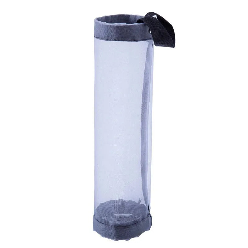 A clear mesh bag dispenser with a gray sleeve and black tie, designed for wall mounting.