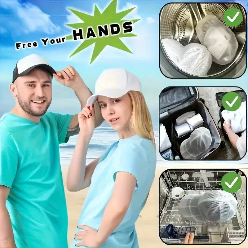 Two people demonstrate a mesh washing bag for baseball caps, showing how to clean and store hats.