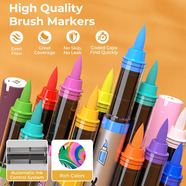 Acrylic Brush Markers with Automatic Ink Flow for Canvas, Wood & Glass Art
