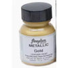 A glass bottle of Angelus Brand Metallic Gold leather paint for dyeing items.