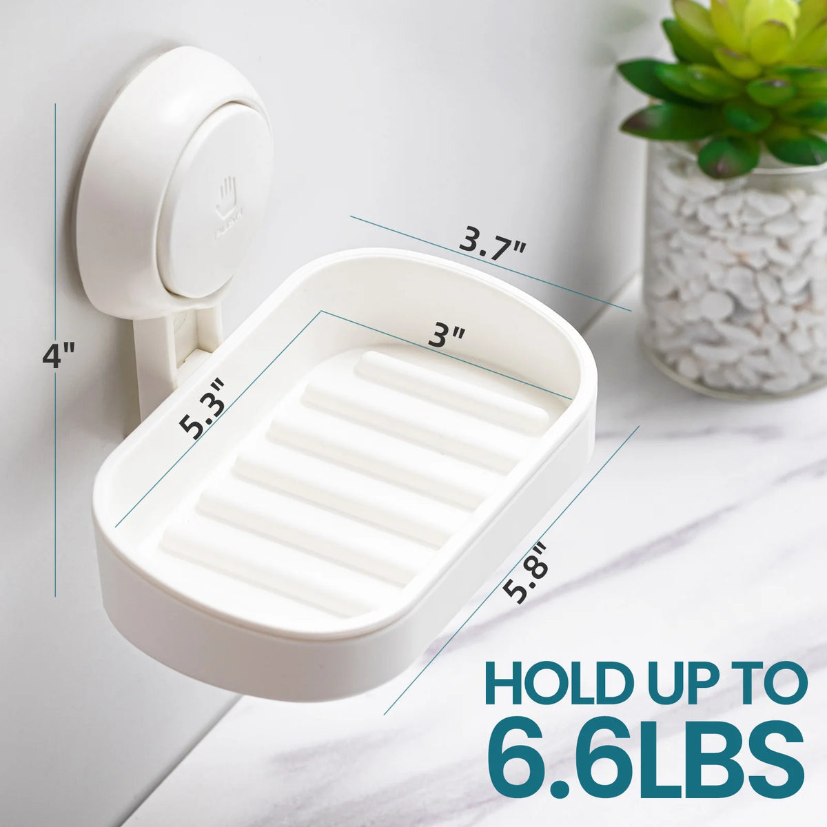 A white suction cup soap dish holder with a removable tray is shown mounted on a wall, demonstrating its dimensions.