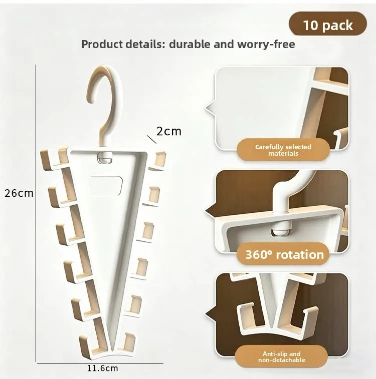 A white vertical space-saving closet organizer with 12 hooks shown in various views and dimensions.
