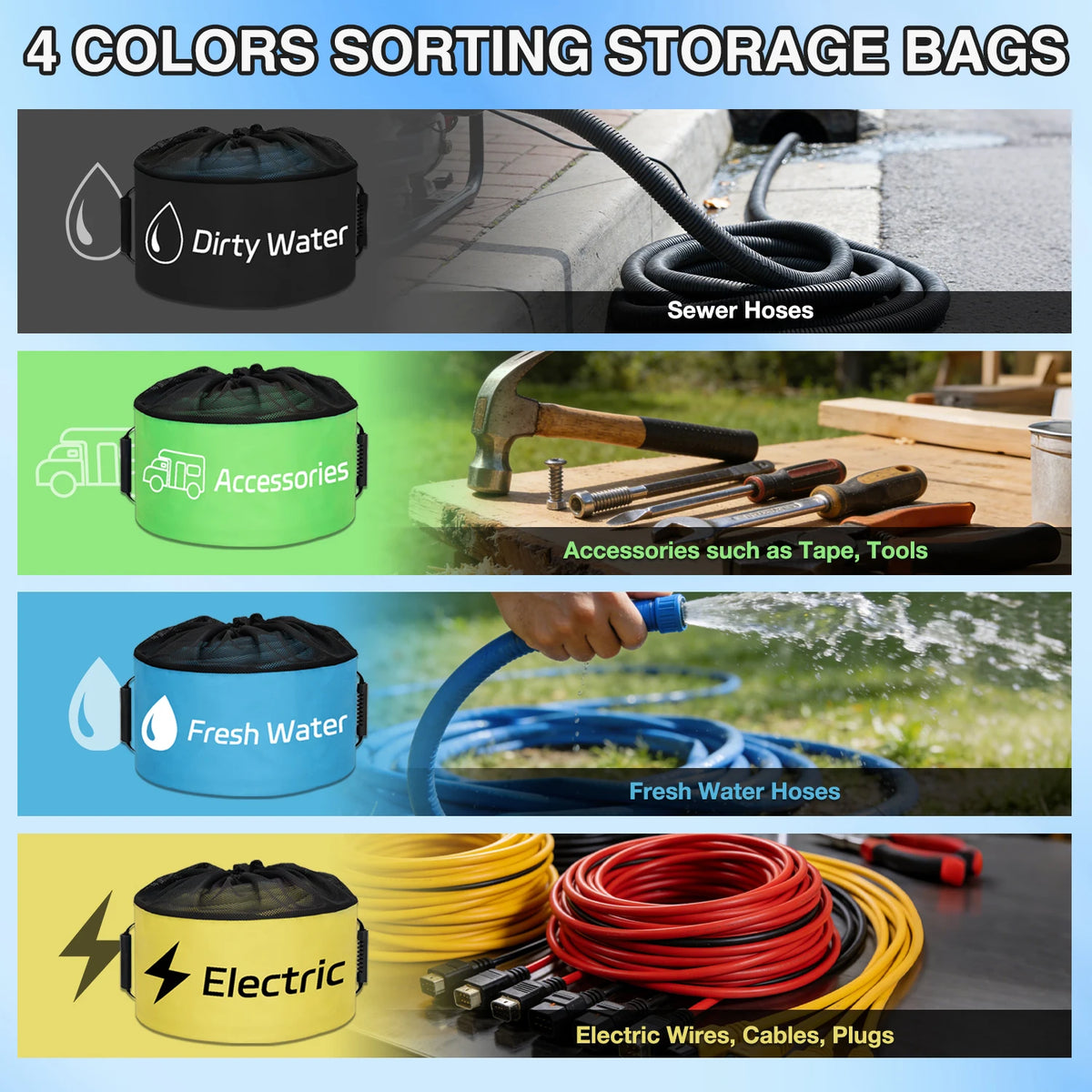 Four colored sorting storage bags for dirty water, fresh water, and electric wires and tools.