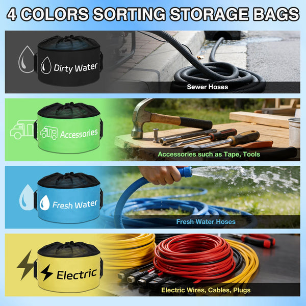 Four colored sorting storage bags for dirty water, fresh water, and electric wires and tools.