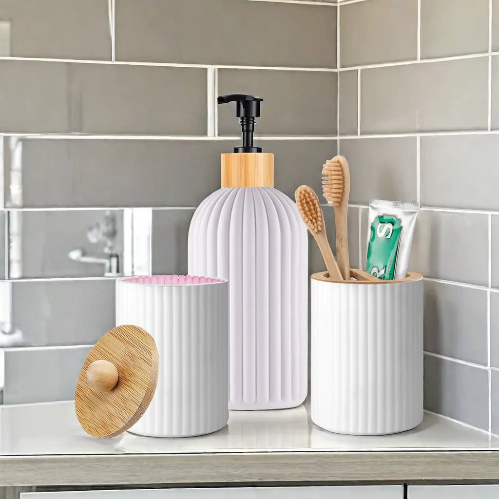 Apothecary Style Bathroom Organizer Set with Soap Dispenser and Toothbrush Holder