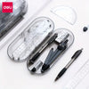 A clear plastic case containing an 8-piece geometry drafting set including a compass, ruler, and various drawing tools.