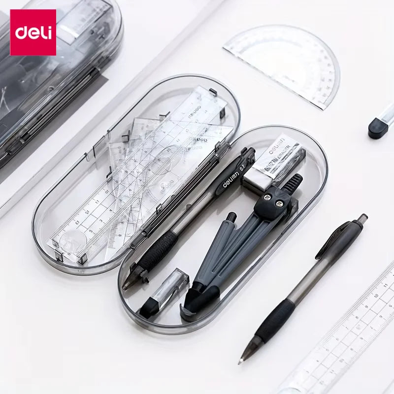 A clear plastic case containing an 8-piece geometry drafting set including a compass, ruler, and various drawing tools.