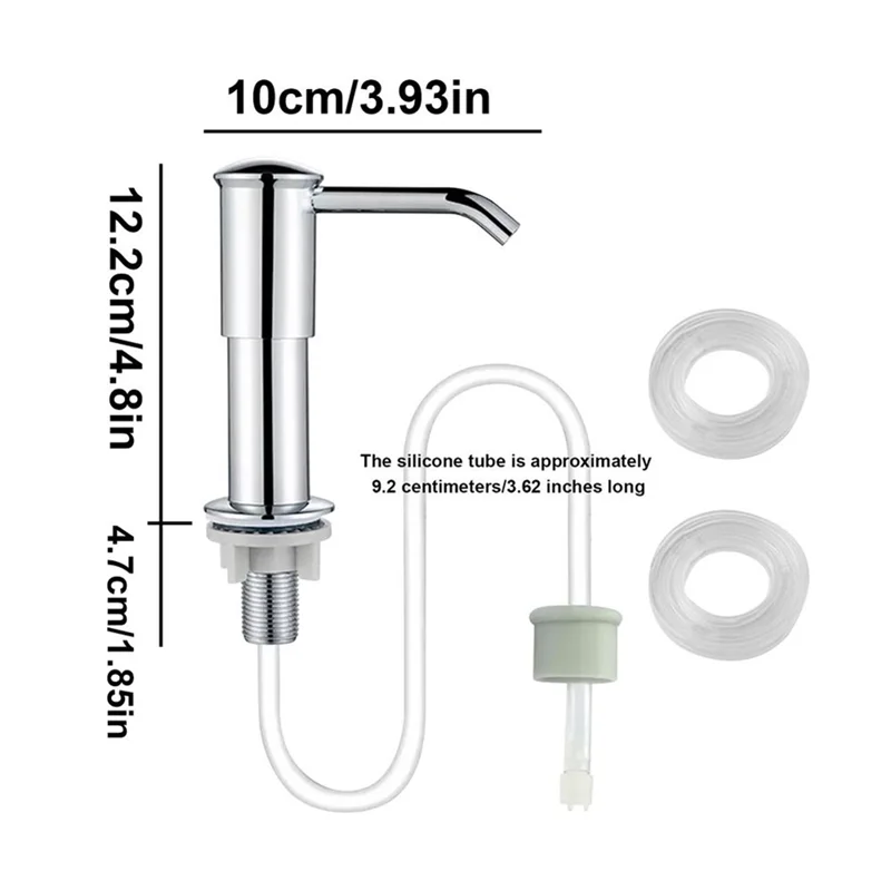 A chrome kitchen sink soap dispenser extension kit showing a faucet, silicone tube, and adapter components.
