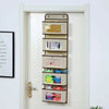 A vertical 5-shelf over-the-door hanging storage organizer with various compartments for small items.
