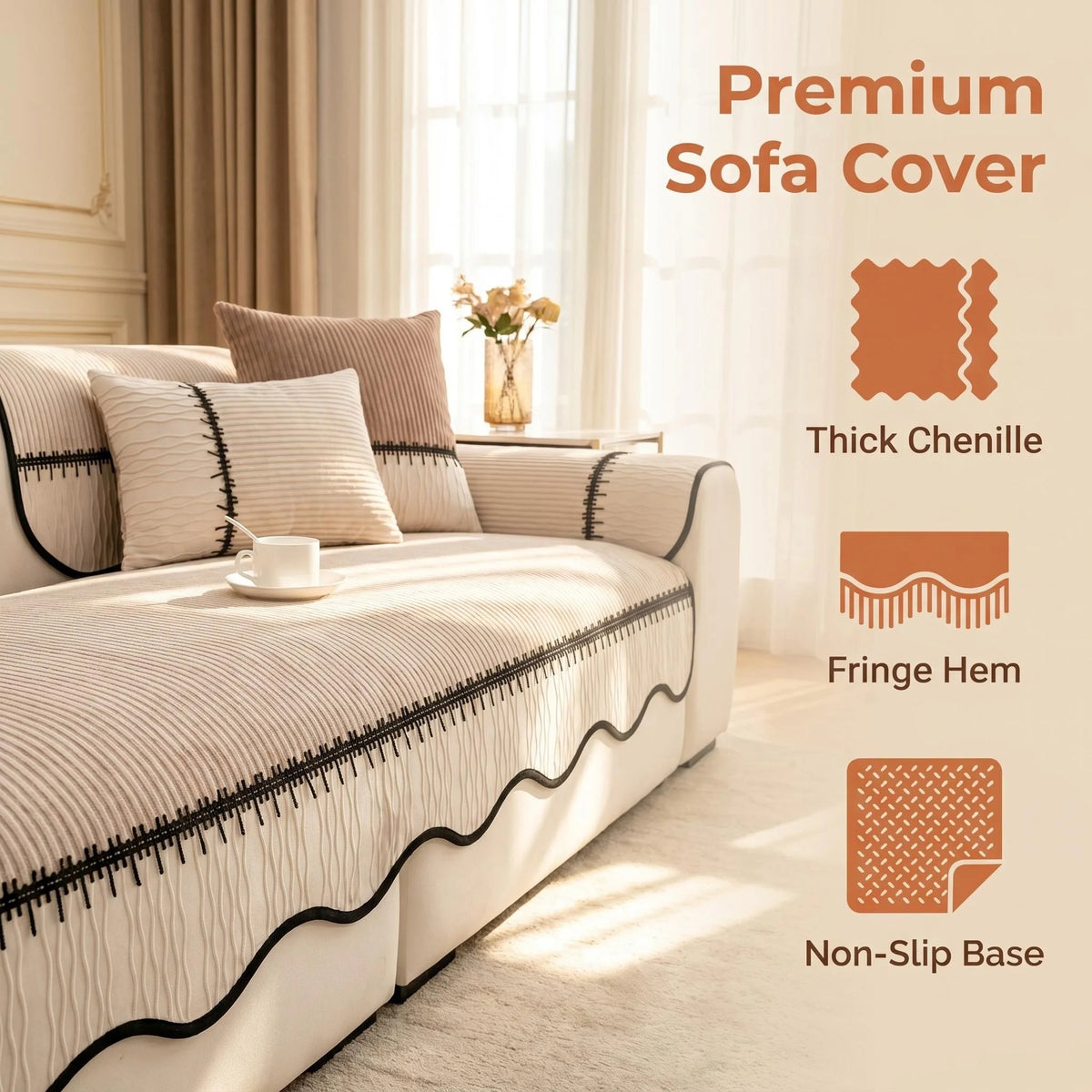A premium sofa cover featuring a striped chenille fabric with a pleated hem and non-slip base.