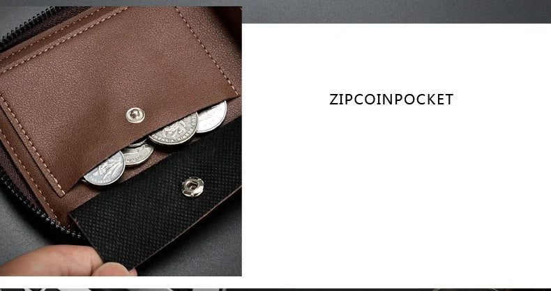 Men's Retro PU Leather Bifold Wallet with Zipper and Coin Pocket