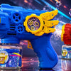 Blasteppis-Spielzeug in Blau und Rot mit Blasen im Hintergrund