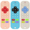 Three silicone teething remotes in pink, blue, and beige colors showing various buttons for babies