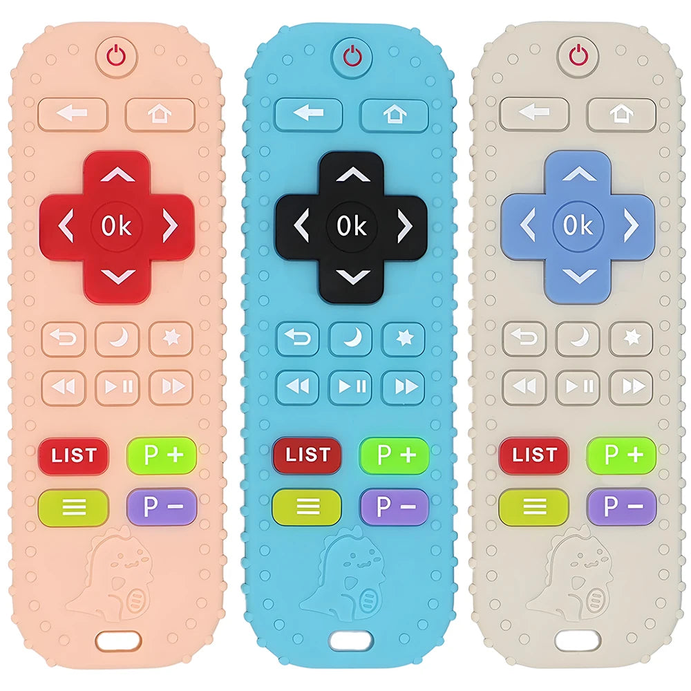 Three silicone teething remotes in pink, blue, and beige colors showing various buttons for babies