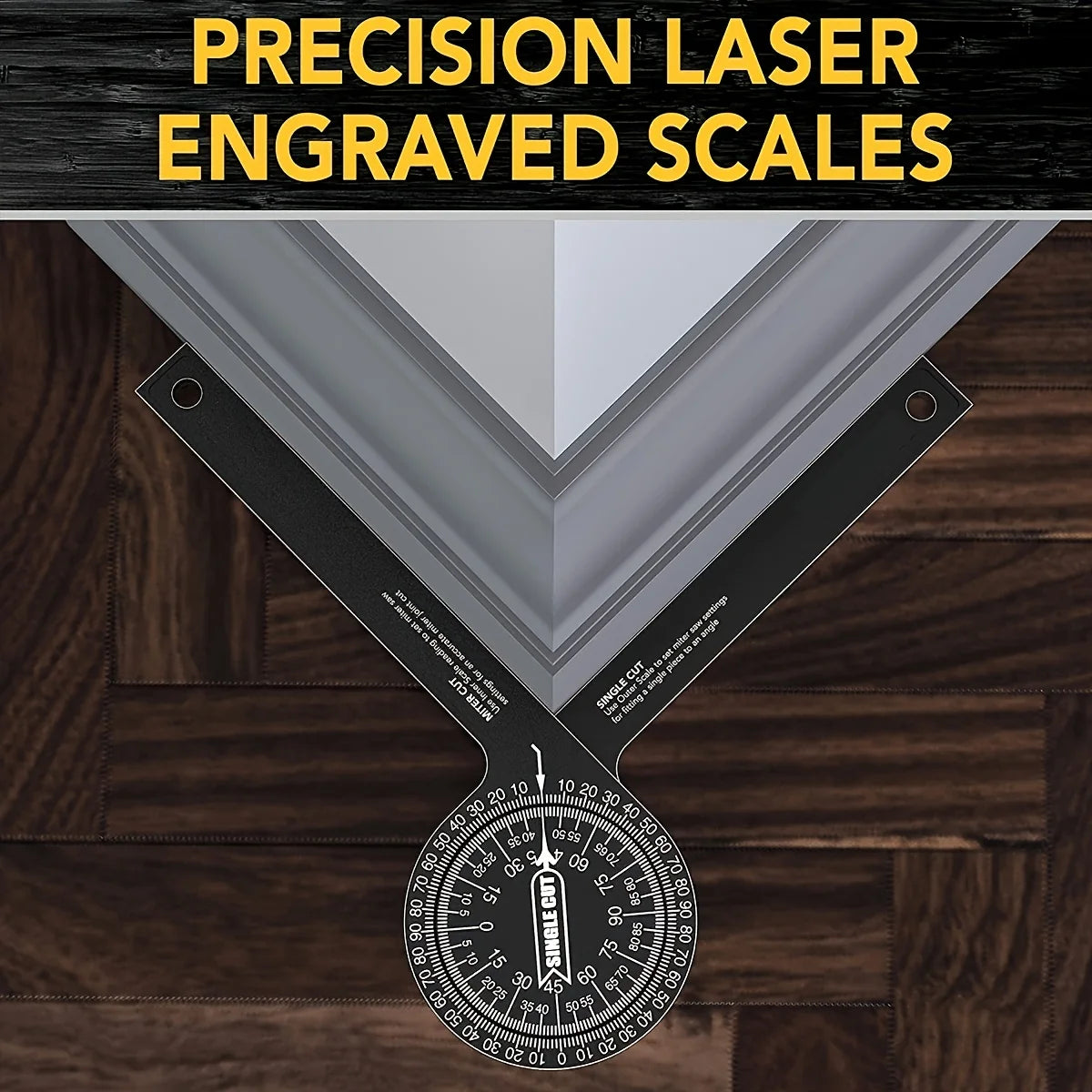 Precision laser engraved scales and an aluminum miter protractor used for measuring angles.