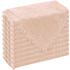 A stack of six raw-edge, light pink polyester cloth napkins.