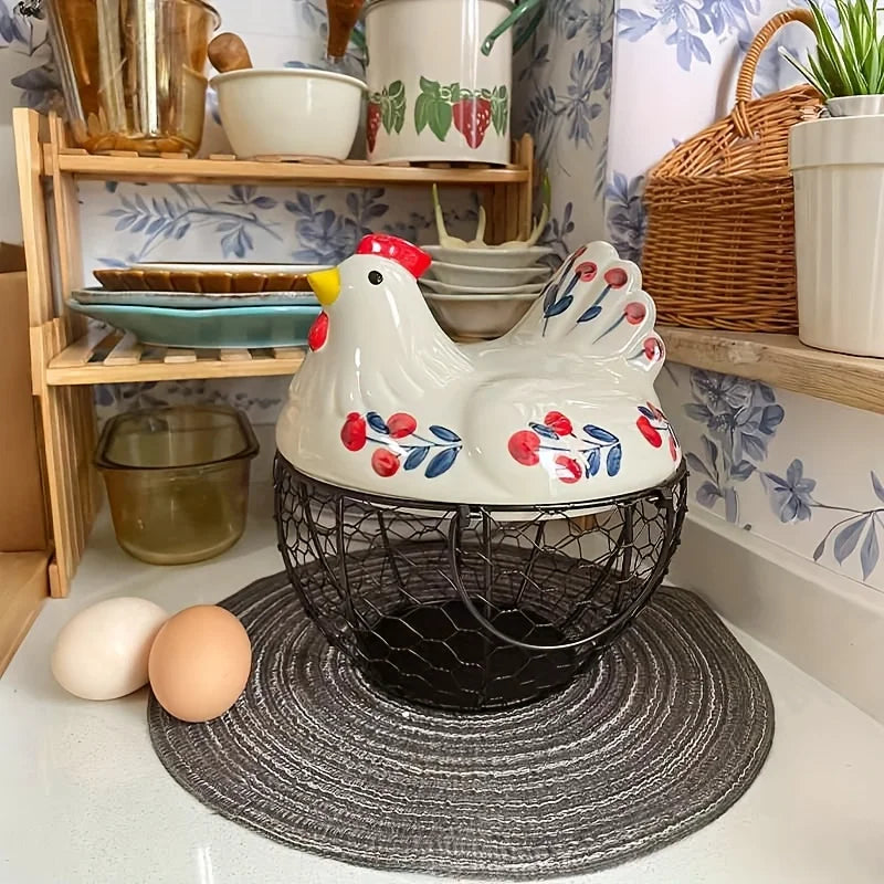 A rustic ceramic hen-shaped egg basket with a lid sits on a woven mat next to a wooden shelf.