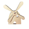 A wooden Montessori busy board featuring a house shape with large wooden flaps for fine motor skill practice.