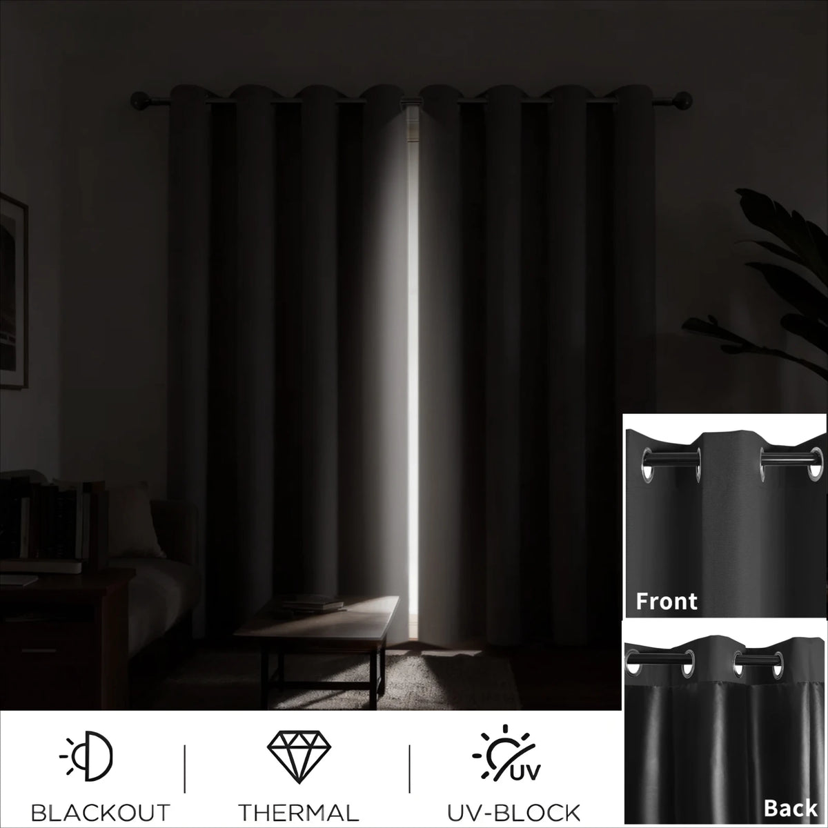 Front and back views of double-layer blackout curtains showing thermal and UV-block features
