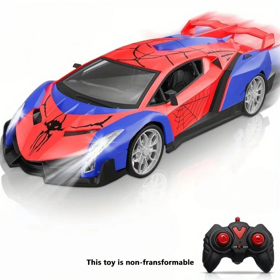 A red and blue spider-themed RC supercar toy car with a transparent body and wheels.
