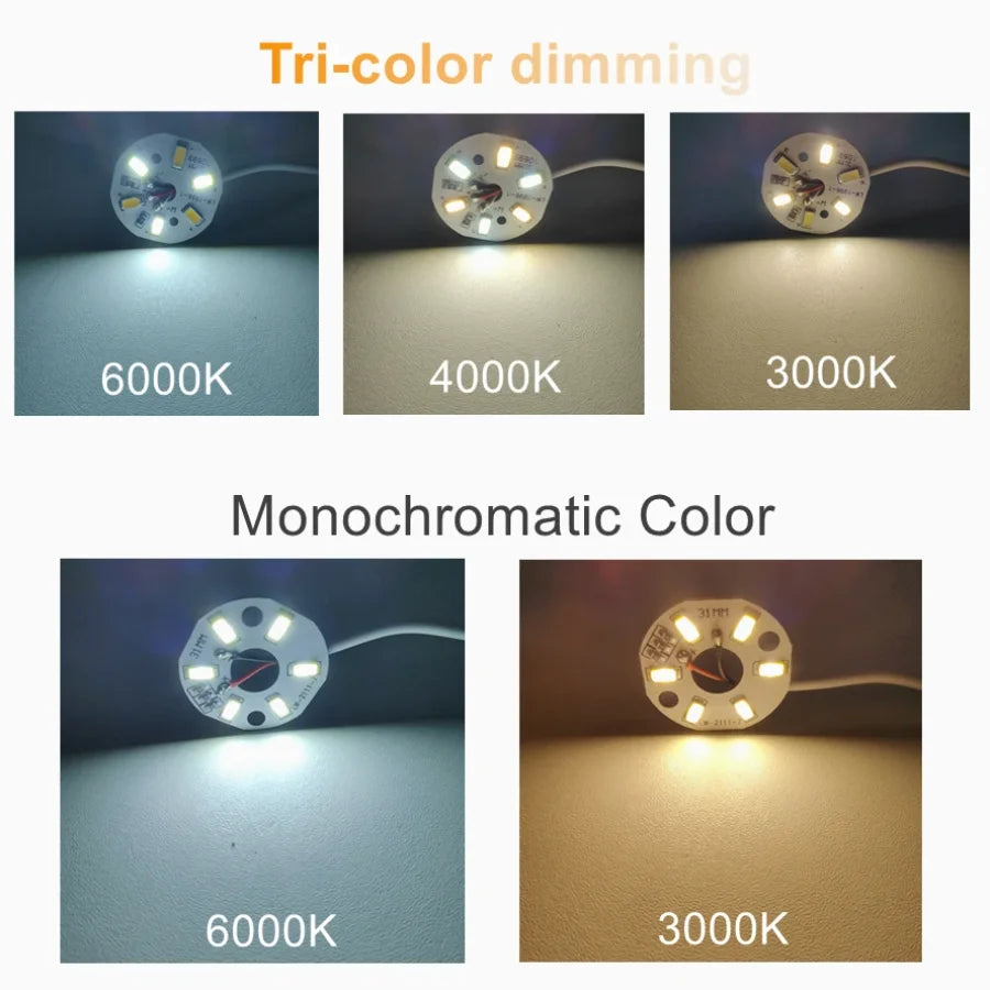 Images demonstrating tri-color dimming and monochromatic color options for an LED light board.