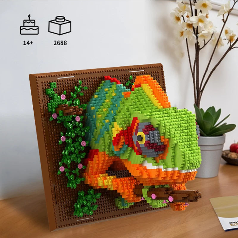 A detailed mosaic wall art kit featuring a vibrant green dinosaur built from interlocking plastic building blocks.