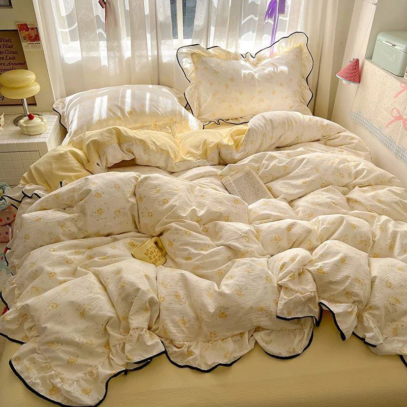 A floral duvet cover set in cream and yellow tones with a matching pillow and flat sheet displayed on a bed.