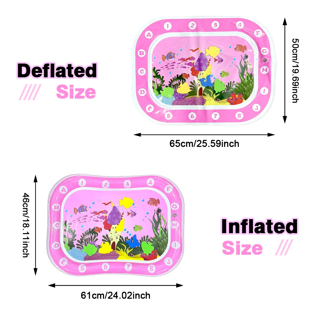 A comparison showing the deflated and inflated size of an inflatable ocean-themed water play mat for baby sensory development