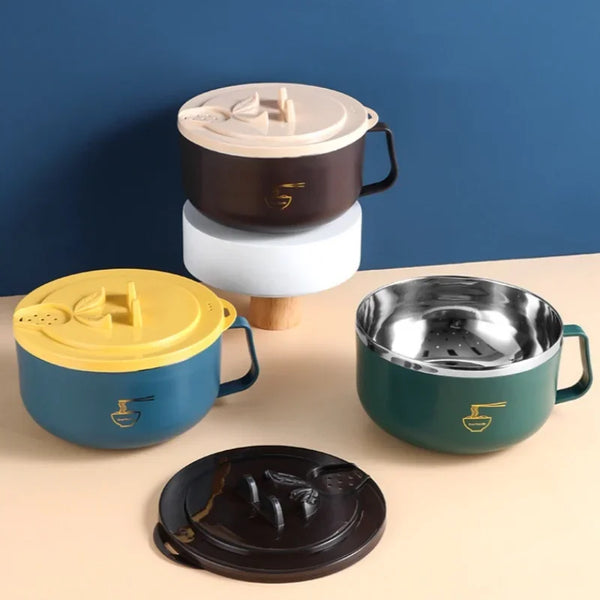 A set of 304 stainless steel ramen bowls and lids in various colors including silver, green, blue, and brown.
