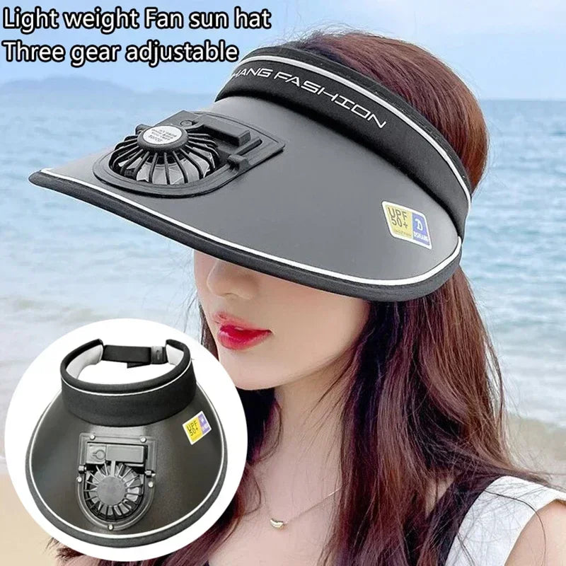 A woman wearing a black sun hat with an adjustable fan, shown next to an inset view of the fan mechanism.