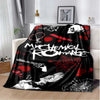 A black fleece throw blanket featuring My Chemical Romance imagery including skulls, roses, and weaponry.