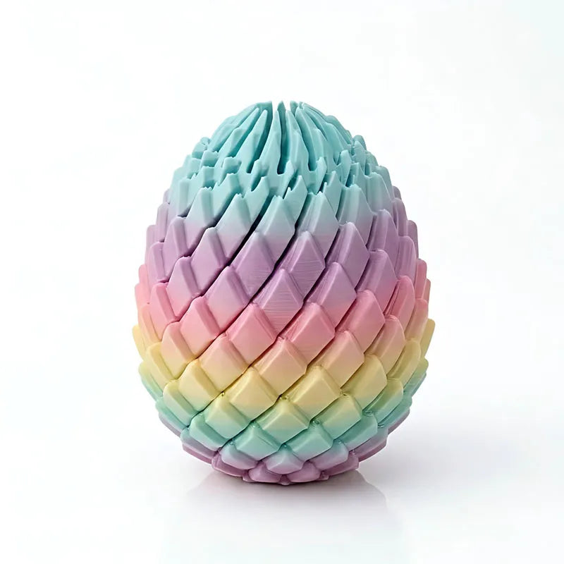 A 3D printed dragon twist egg stress reliever with a pastel rainbow gradient color pattern.